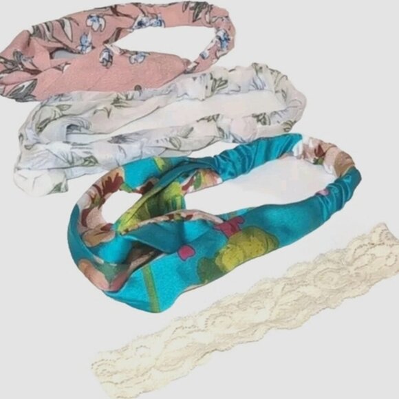 SET OF 4 Headbands Twist Knotted Elastic Lace Retro Floral Satin Chiffon Crepe - Picture 1 of 16